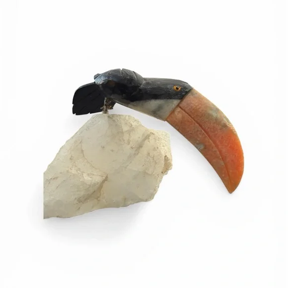 Vintage Brazilian Gemstone Toucan Bird Carving Quartz Base Onyx Calcite - Picture 1 of 15
